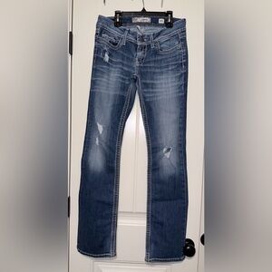 BKE Women's Medium Blue Distressed Boot-Cut Jeans